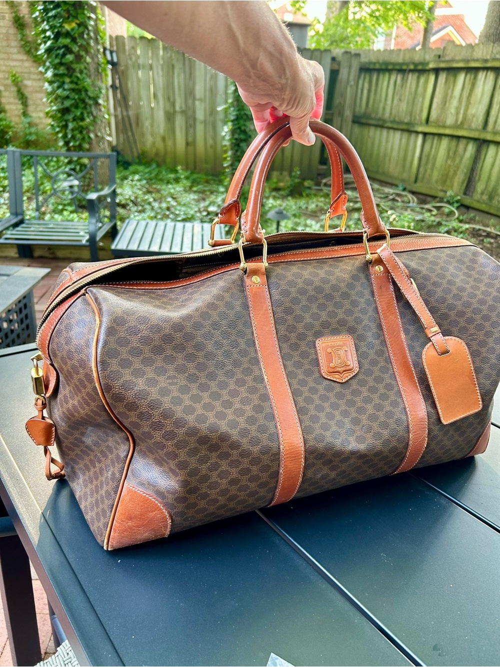 ✨ Vintage Celine Macadam Monogram Travel Duffel Bag with Tan Leather Trim ✨